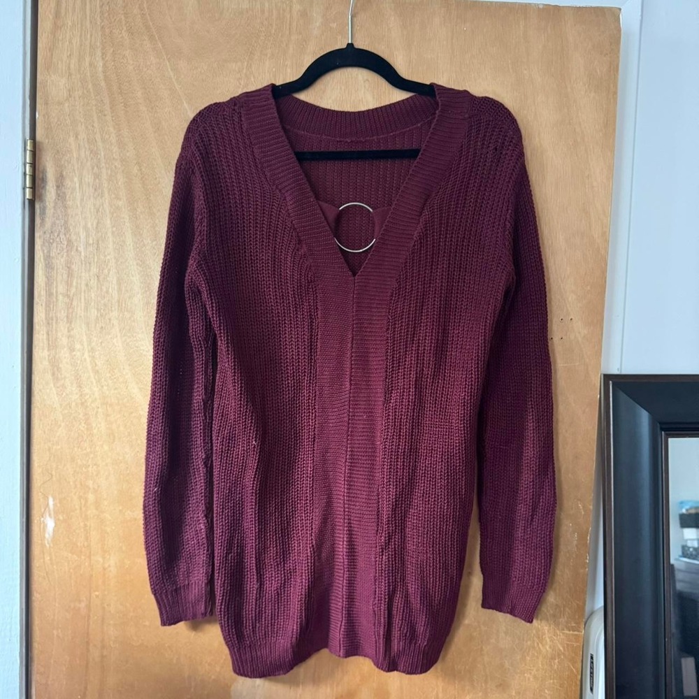 ASOS Burgundy Crew Neck Sweater V-Open Back Ring Detail Knit